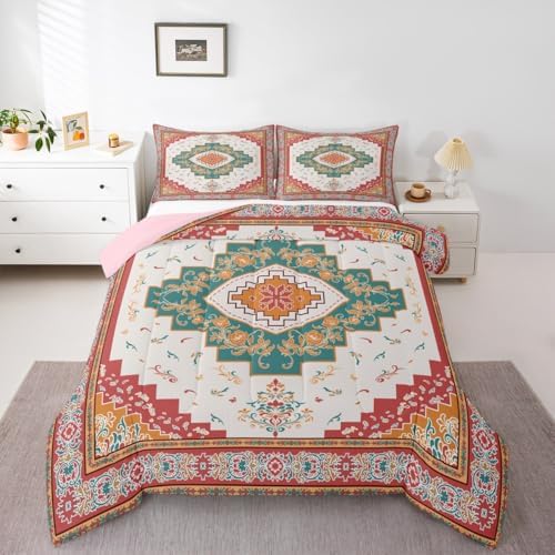 Erosebridal Boho Floral Queen Comforter Set - Colorful Aztec Flower Bedding Set for Kids Adults | Bohemian Vintage Flowers Quilt | Oriental Aesthetic Bedroom Decor with 2 Pillowcases - Image 2