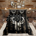 Camo American Flag Twin Comforter Set Boys,Deer Antlers Grey Camouflage Quilt Set Flags for Room Teens,Wild Animal Hunting Rustic Farm Branches Leaves Plant Stars Stripes USA Flag Bedding Set by CastleFairy