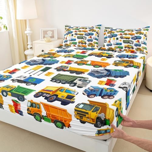 Erosebridal Cute Garbage Truck Sheets for Boys Girls Garbage Trucks Fitted Sheet,Equipment Trucks Kids Bedding Sets Rubbish Vehicles Bed Sets Twin 2 Piece by Erosebridal