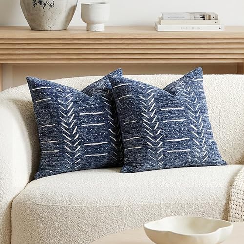 BlissBlush Decorative Throw Pillow Covers 18x18 Set of 2, Boho Blue Textured Chenille Accent Throw Pillow Covers for Couch Sofa Bed Living Room Home Décor (Cover Only) by BlissBlush