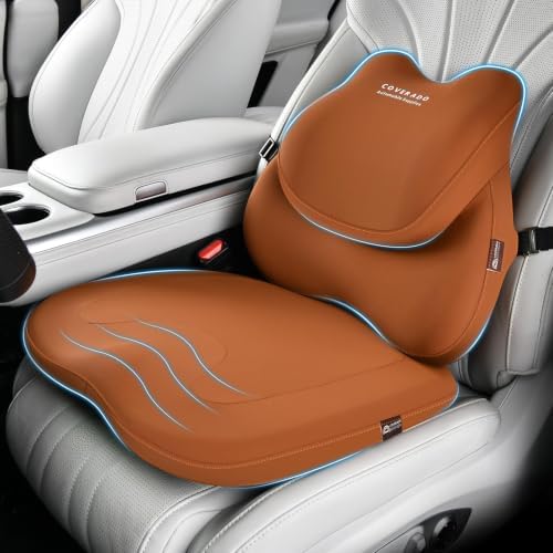 Coverado Car Seat Cushion and Lumbar Support Pillow, Memory Foam Cooling Silk, Ergonomic Support for Back Pain Relief, Seat Cushion for Car Driver & Office Chair Universal Fit Coffee by COVERADOAUTO