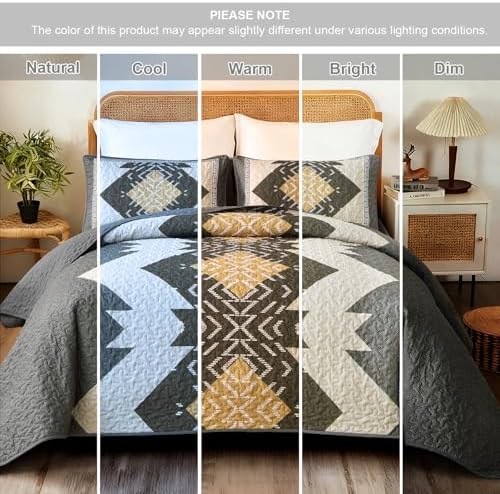 Dintszyayue Aztec Quilt Set Queen, Gray Yellow Boho Lightweight Bedspread - Image 7