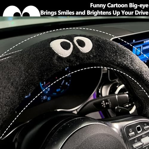 Car Headrest Pillow & Steering Wheel Cover Set with Cute Big-Eyed Furball Travel Neck Support Pillow Fur Car Interior Accessory (Black 5Pcs Set) - Image 6