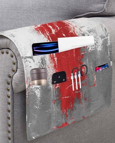 Sofa Armrest Organizer Bedside Caddy, Red Cement Gray Non Slip Couch Remote Control Holder for Recliner, Modern Abstract Art Red Armchair Caddy with Pocket for Magazine, Phone, 19.7"x35" - Image 3