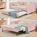 3 in 1 Full Daybed with Pop Up Trundle, Convertible Gingham Upholstered Sofa Bed with Side Storage Pockets, Extendable Guest Bed Frame for Teens Adults Bedroom Living Room, Pink by KrenzhHome