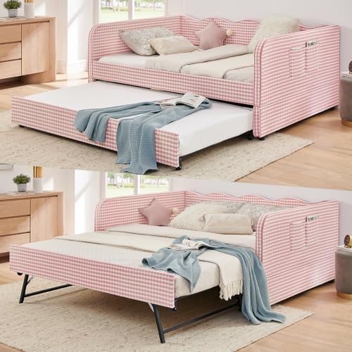 3 in 1 Full Daybed with Pop Up Trundle, Convertible Gingham Upholstered Sofa Bed with Side Storage Pockets, Extendable Guest Bed Frame for Teens Adults Bedroom Living Room, Pink by KrenzhHome