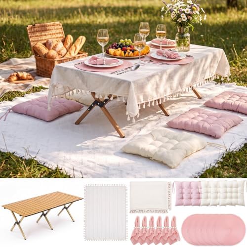 Pink Picnic Kit Folding Table Extra Large Outdoor Boho Blanket Table Runner Napkins Floor Pillow Cushions Napkin Ring Boho Picnic Decoration for Camp Wedding Wedding Birthday by Unknown
