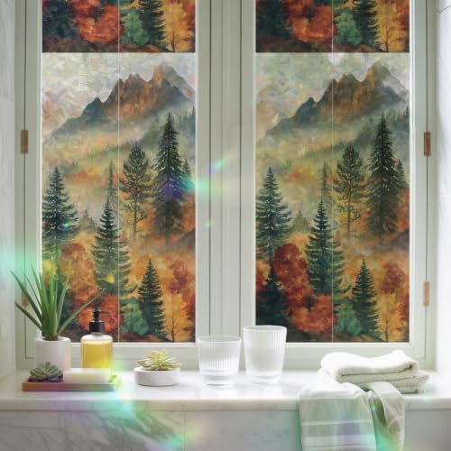 Fall Trees Window Privacy Film Rainbow Static Cling Stain Glass Window Film for Glass Door, Heat Blocking Sunroof Decal Sticker for Car 23.6"x78.7" Vintage Autumn Forest Foggy Natural Scenery - Image 6