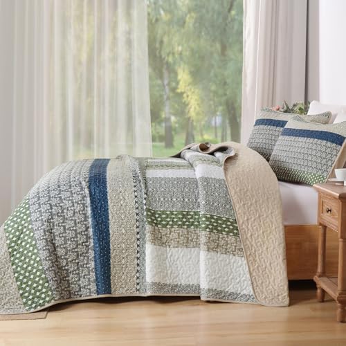 WONGS BEDDING Queen Quilt Set Khaki Green, 3 Pieces Striped Bedspread - Image 3