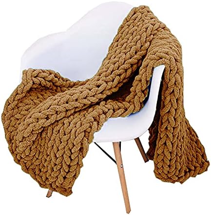 Chunky Knit Throw Blanket Chenille Yarn Soft Cozy Bulky Knitted Blanket for Sofa Bed Chair Large Hand Made Boho Home Decor Camel 40x80 by Unknown