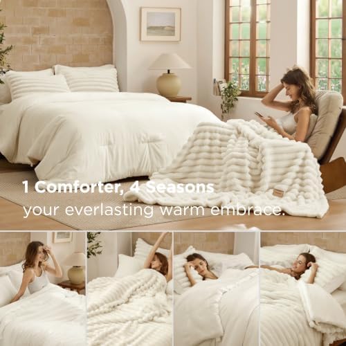 Bedsure 2-in-1 Comforter Set with Detachable Fleece Blanket, White Queen - Image 2
