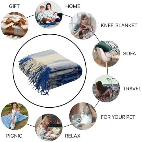 New Zealand Virgin Wool Throw Blanket, Indoor and Outdoor Blankets and Throws, Comfortable Soft Blanket with Fringes and Tartan Pattern, 67 x 79 in, Queen Size, Blue and White - Image 2