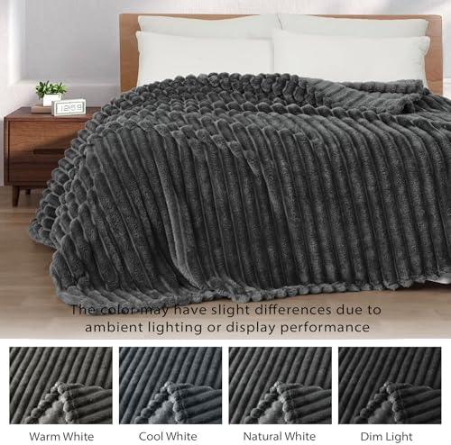 Exclusivo Mezcla Striped California King Fleece Bed Blanket, Grey - Image 3