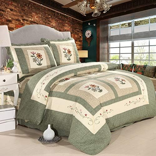 vctops Farmhouse Green 2 Piece Embroidered Floral Quilted Bedspread Quilt Set 100% Cotton Reversible Patchwork Coverlet Set 1 Quilt and 1 Pillow Sham (Green,Twin) - Image 2