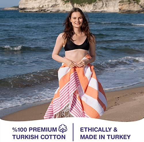 Turkish Beach Towels Set of 4 | Oversized, Quick Dry, Sand Free | 100% Cotton, Large 38x71 Towels for Beach, Pool, Travel | Ultra-Soft, Compact, and Absorbent | Orange/Fuchsia - Image 2
