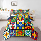 Erosebridal Mexican Talavera Tiles King Size Comforter Set, Colorful Floral Patchwork Bedding Sets for Kids Girls Boys, Vintage Boho Flower Bed Set Quilts, Mexico Ethnic Room Decor by Erosebridal