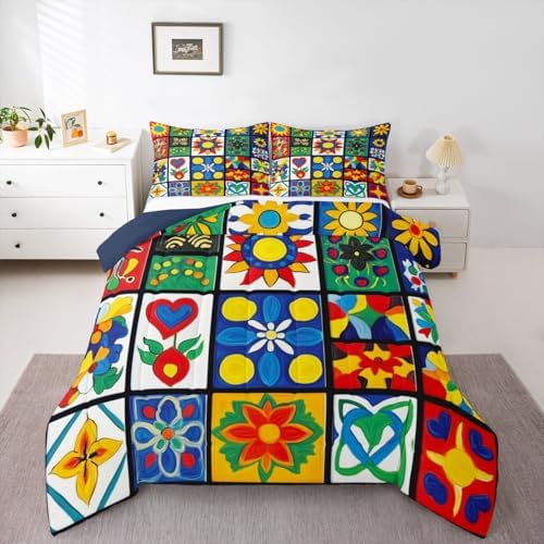 Erosebridal Mexican Talavera Tiles King Size Comforter Set, Colorful Floral Patchwork Bedding Sets for Kids Girls Boys, Vintage Boho Flower Bed Set Quilts, Mexico Ethnic Room Decor by Erosebridal