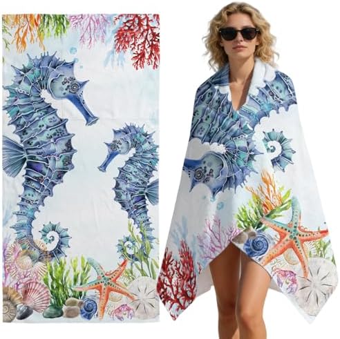 Beach Towel Bag 2 in 1 Ocean Seahorse Bath Pool Towels Backpack Marine Life Coral Absorbent Beach Towel Soft Quick Dry Lightweight Packable Towels Drawstring Bag for Travel Camping Sports Yoga Picnic - Image 7