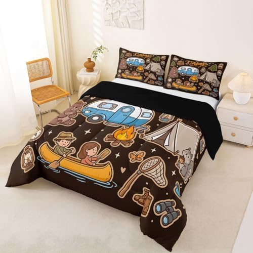 Erosebridal Happy Camping Camper King Size Bedding Set, Camping Lover Gifts Bed Comforter Sets for Kids Girls Boys, Outdoor RV Travel Trailer Quilt Duvet Set, Forest Theme Room Decor - Image 5