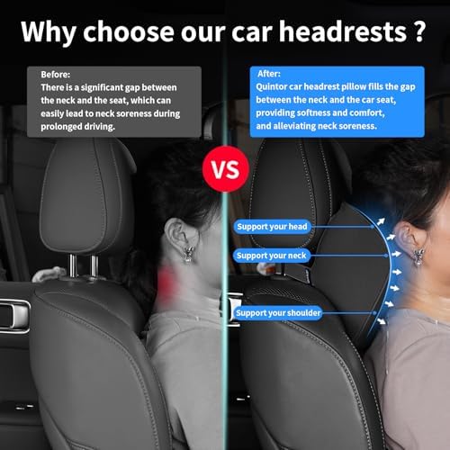 Quintor Genuine Leather Car Neck Pillow,Memory Foam Headrest Cushion, Ergonomic Cervical Support for Tesla Model 3/Y/X, Lexus, BMW- Breathable & All-Season Soft (2 PC) - Image 4