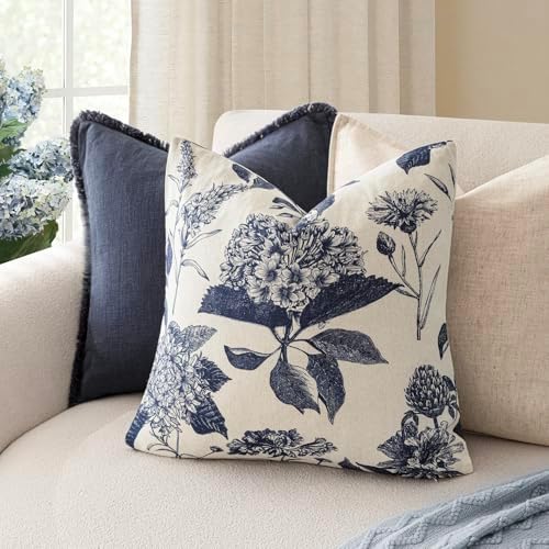 Foindtower Set of 2 Linen Floral Vintage Throw Pillow Covers Neutral Accent Print Decorative Cozy Cushion Covers Farmhouse Boho Home Decor for Sofa Chair Couch Bed Living Room,24×24 Inch,Navy Blue - Image 4