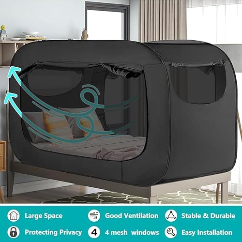 NKM Twin Bed Canopy Indoor Tent for Adults,Blackout Bed Tent,Portable Black Folding Sleep Tent - Image 3