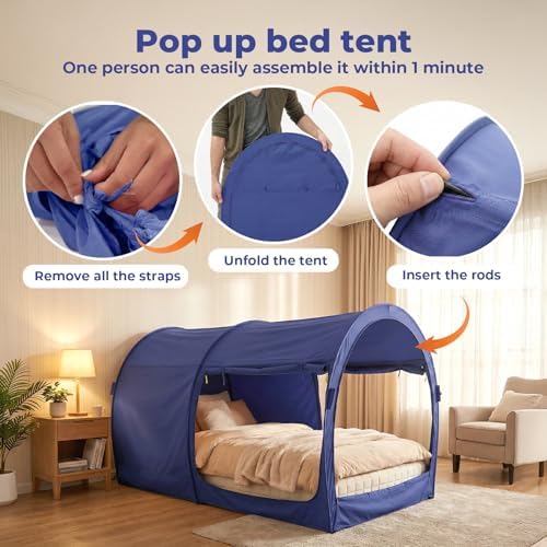 LEEDOR® Bed Tent Dream Tent Bed Canopy Shelter Cabin Sleeping Tent Indoor Bed Curtain Pop Up Privacy Warm Breathable with 4 Doors Twin/Full/Queen for Kids and Adult (Mattress Not Included) - Image 3