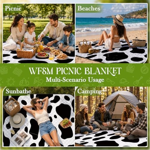 WFSM Cow Print Picnic Mat 80x60 Inch, Cow Lover Gifts, Black and White Outdoor Play Mat for Adults and Toddlers Waterproof Sandproof Beach Blanket Travel Camping Rug - Image 4