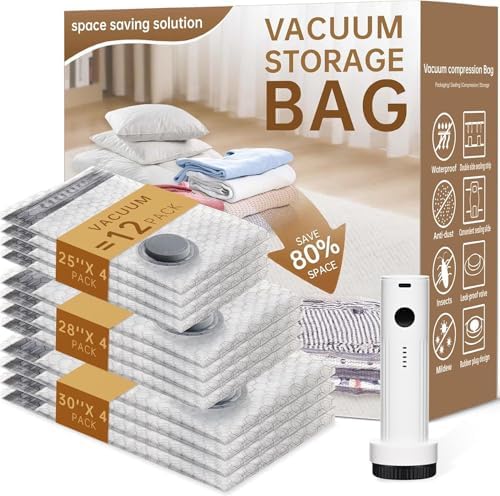 Travel Vacuum Bags for Clothing with Rechargeable Electric Pump - Portable Space Saver Bags for Travel & Home - Vacuum Compression Packing Seal for Clothes, Blankets, Seasonal Storage 12 Combo Set by Unknown