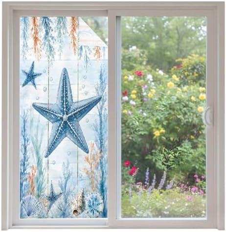 Window Privacy Film Frosted, Coastal Starfish Non-Adhesive Static Cling Window Tint, Blue Ocean Coral Summer Beach Seaweed Insulated Windows Frosted Films for Living Room, 35.4 x 78.7 Inches by Unknown