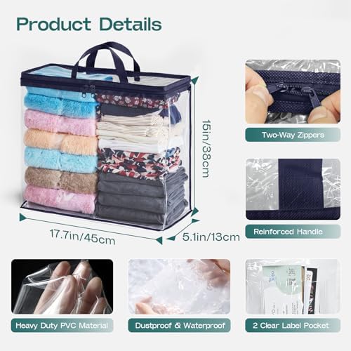 10 Pack Clear Storage Bags for Clothes, 22L Blanket Storage Bags, Under Bed Storage, Closet Organizers Bag, Upgraded Version Two-Way Zippers Design(Navy Blue) - Image 2
