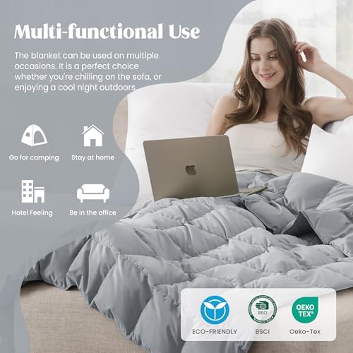 puredown® Soft Feather Down Blanket Lightweight Packable Down & Feather Fill Blanket for Indoor and Outdoor Use, Queen Size Blankets, 88"X90", Alloy Gray - Image 5