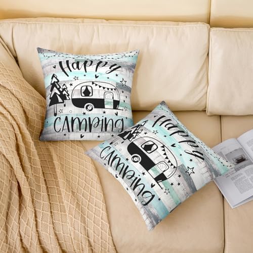 Feelyou Happy Camping Cushion Case Camper Throw Pillow Covers 18"x18" Set of 4 for Sofa Couch Bed Chair Car RV Decor Rustic Farmhouse Style Decorative Pillow Case RV Camping Outdoor Pillows Covers - Image 3
