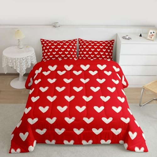 Red White Comforter Set King Size Cute Heart Pattern Bedding For Kids Boys Girls Valentine Day Gift Quilt Cartoon Love Geometric Duvet Insert Love Heart Soft Warm Bedding Sets Bedroom Decor 3Pcs - Image 2