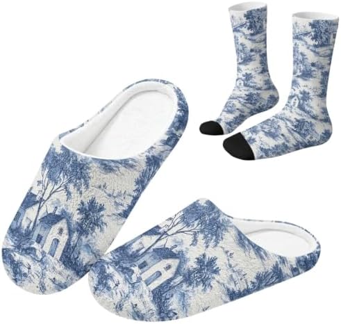 Toile de Jouy Fuzzy Slipper with Socks for Women Cozy Slipper Indoor by Baxinh