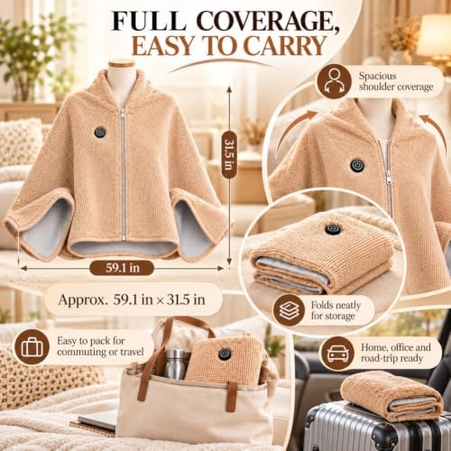Wearable Heated Blanket with Zipper, Heated Shawl Wrap for Women - Image 4