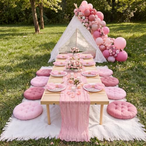Beeveer 71 x 118'' Extra Large Outdoor Picnic Blanket with Pink Table Runner 8 Napkins and 8 Pink Floor Pillows Cushions for Picnic Party Camping Wedding Bachelorette Birthday Baby Shower Decor - Image 4