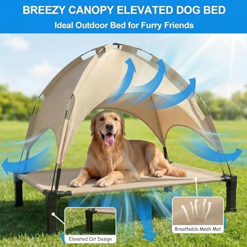 Elevated Dog Bed with Canopy Raised Pet Cot for Large Dogs, Outdoor Dog Cot with Removable Sun Shade Tent, Breathable Mesh Portable Dogs Cot for Camping, Beach, Backyard, Outdoor Use - Image 2