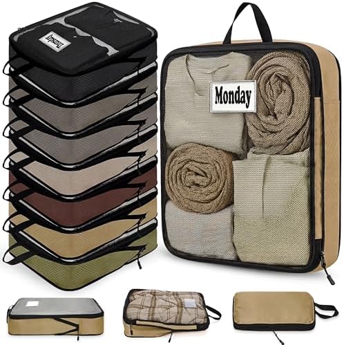 7 Pcs Packing Cubes for Travel Days of Week, Brown, L by Bulyoou