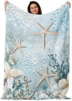 Blue Ocean Throw Blanket, Coastal Starfish Coral Fluffy Soft Blankets for Couch Bed Travel, Flowers Plush Microfiber Striped Flannel Blankets, Underwater Lightweight Sofa Blankets 50"x60" by Homechoid