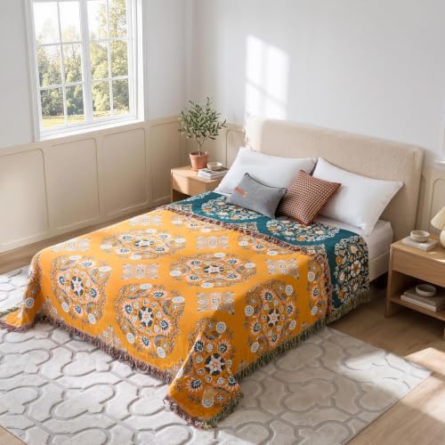 LUTBM Boho Throw Blanket for Bed 60"x80", 100% Cotton Yellow Couch Blankets - Image 3