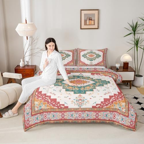 Erosebridal Boho Floral Queen Comforter Set - Colorful Aztec Flower Bedding Set for Kids Adults | Bohemian Vintage Flowers Quilt | Oriental Aesthetic Bedroom Decor with 2 Pillowcases by Erosebridal