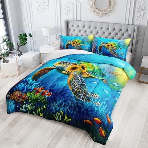 Nttopship Sunflower Turtle Comforter Sets Queen Size Bedding Sets for Kids and Adults 3Pcs,Ocean Turtle Comforter Sets All Season 1 Comforter and 2 Pillowcases - Image 3