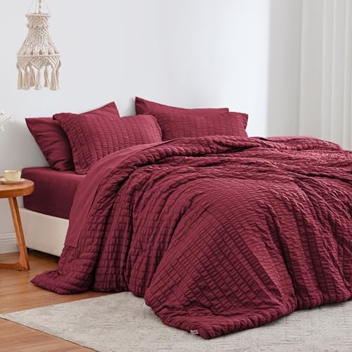 Seersucker Burgundy King Size Comforter Set, 7-Piece Bed in a Bag by Lovescabin