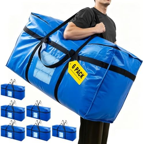 6 Packs 60 Gallon Heavy Duty Moving Storage Bag Foldable Duffle with Zipper 4 Reinforced Handles and See Through Window Waterproof Dustproof Organizer for Home Moving Travel by Unknown