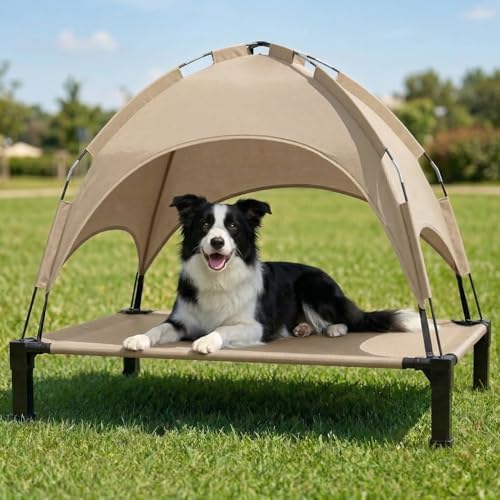 Elevated Dog Bed with Canopy Raised Pet Cot for Large Dogs, Outdoor Dog Cot with Removable Sun Shade Tent, Breathable Mesh Portable Dogs Cot for Camping, Beach, Backyard, Outdoor Use by Lesguyor