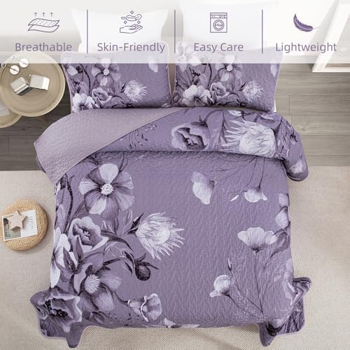 Floral Quilt Set King Size Bedding Set 3 PCs Dark Purple Boho Floral Quilt - Image 5