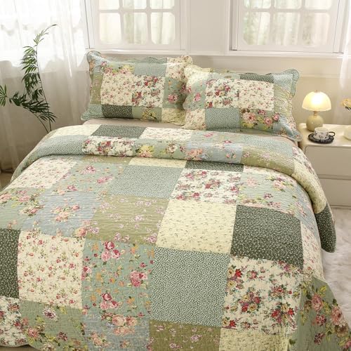 vctops Boho Patchwork Cotton Quilted Bedspread Quilt Set King Size 3 Pieces Soft Reversible Lightweight Coverlet Set Floral Print 1 Quilt and 2 Pillow Shams (Green D,King) - Image 4