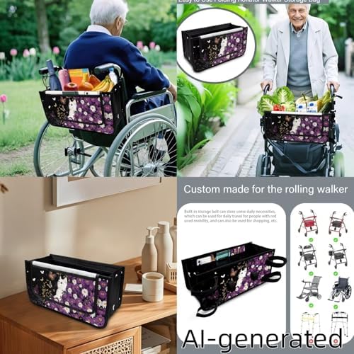 LedBack Universal Walker Accessories White Cat Purple Daisy Walker Seat Covers and Backrest Covers Durable Large Capacity Storage Basket for Wheelchair - Image 5
