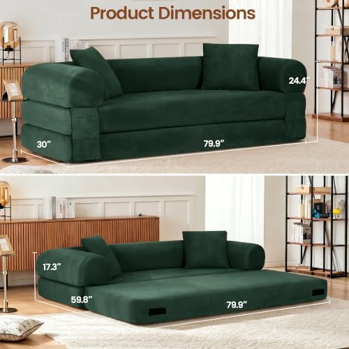 3-in-1 Queen Convertible Sofa Bed Boneless Sleeper Couch Dark Green - Image 2